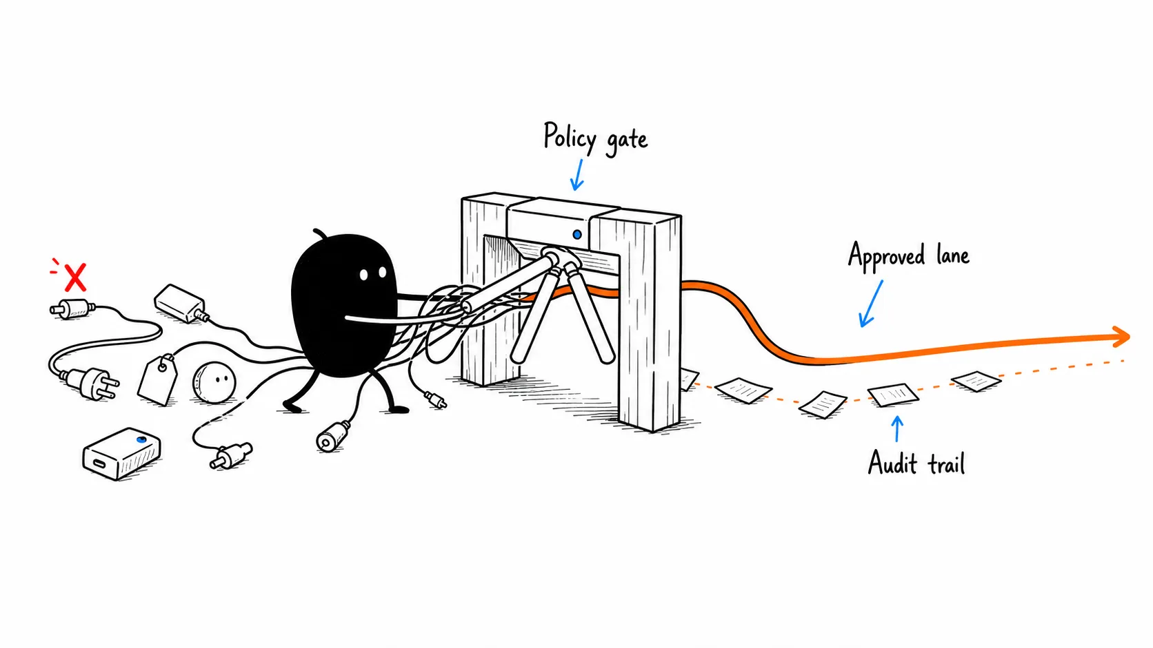 One governed path through the MCP Gateway: a policy gate, an approved lane, and an audit trail